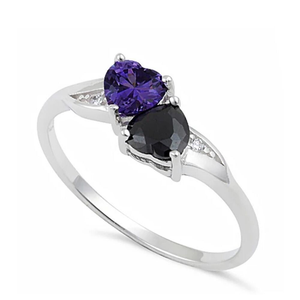 Sterling Silver Double Heart Tanzanite & Black Onyx CZ Ring New